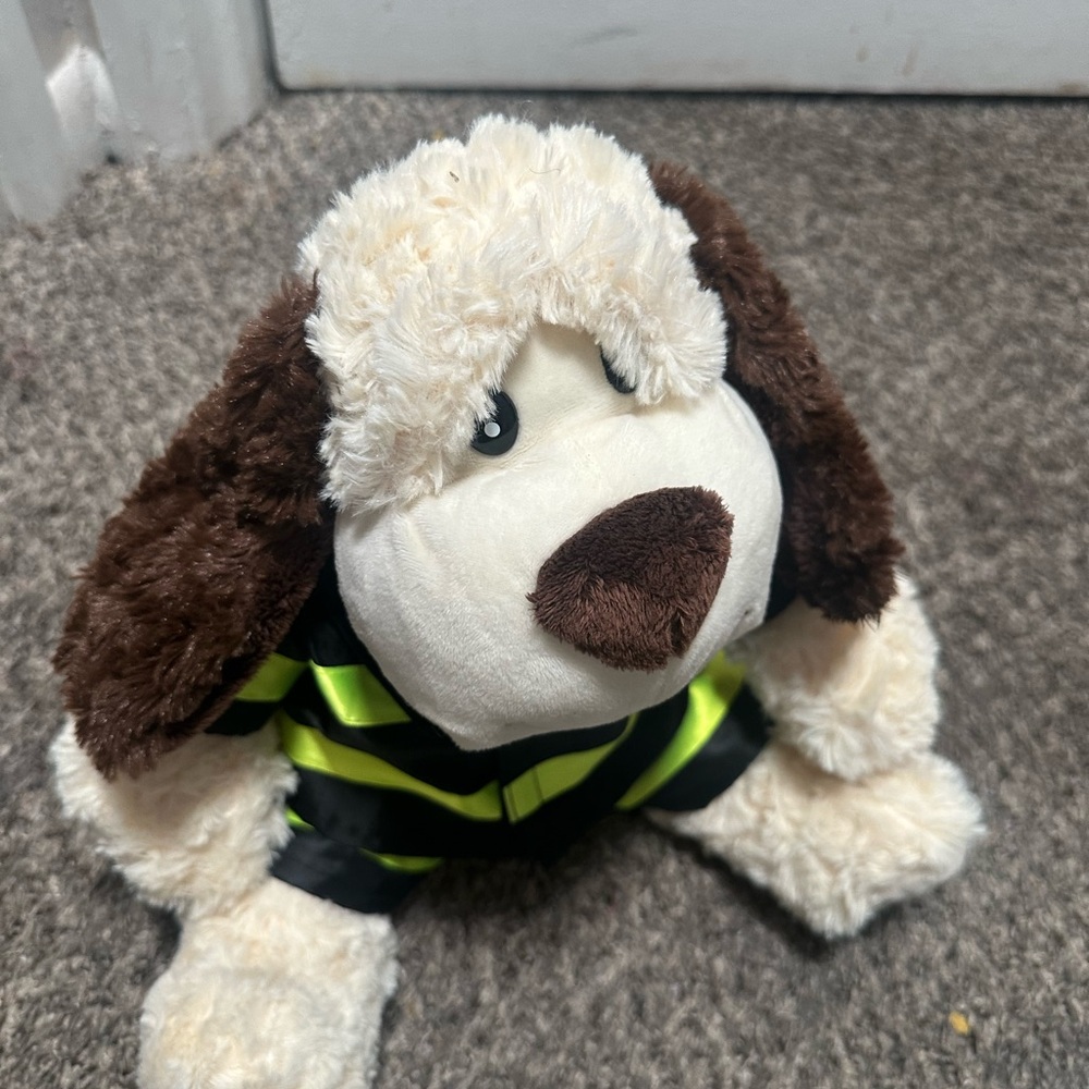 Plush Dog Toy in Cream & Brown with Reflective Yellow Stripes
